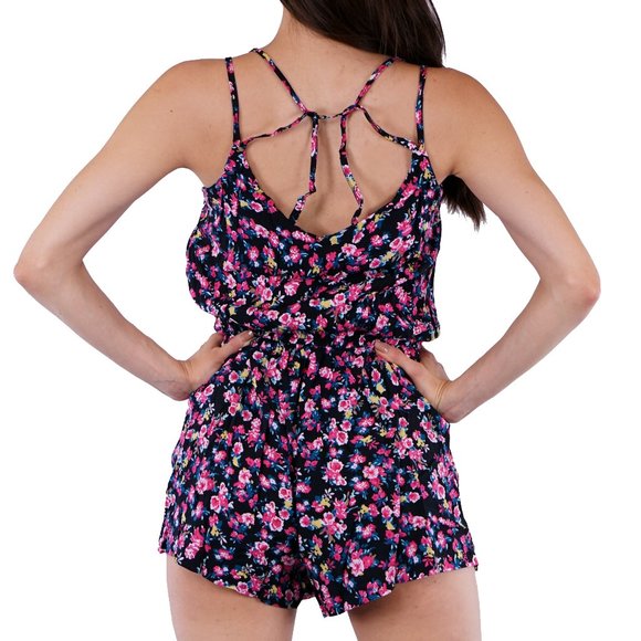 Sumer Floral Romper Shorts Strappy Back Spaghetti Straps Elastic Waist - Picture 2 of 7
